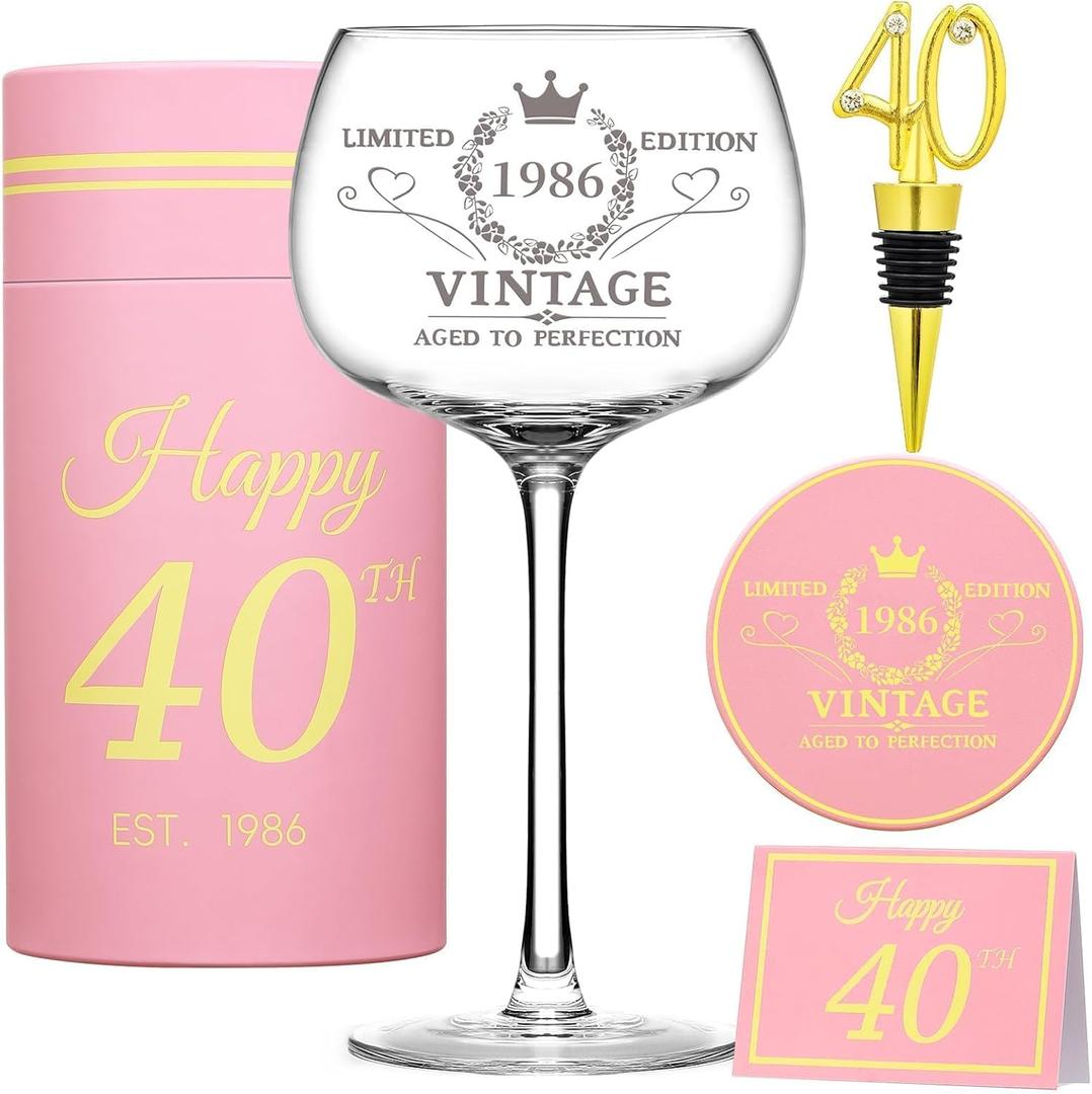 40th Birthday Gifts for Her - Limited Edition Wine Glass Gift Box Set - Unique 40th Bday Gifts Ideas for Women, Friends, Sister, Mom, Wife, Daughter - 40 Years Old Gift, Party Decorations Supplies