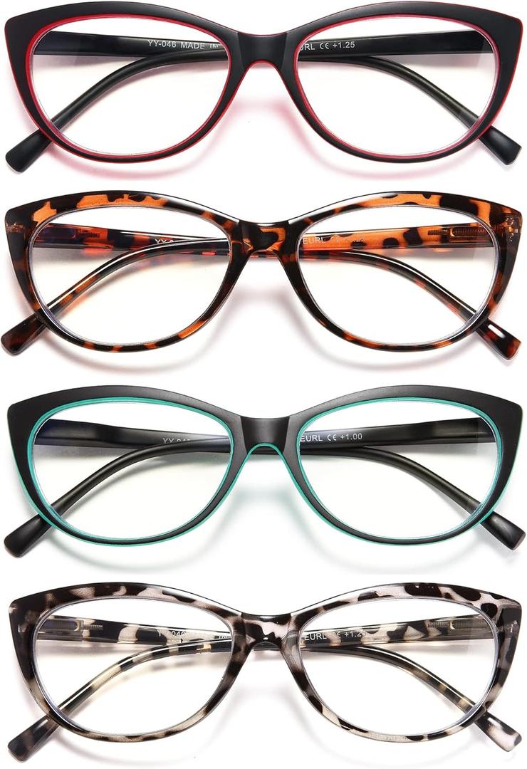 EYEURL 4 Pack Cat Eye Reading Glasses for Women, Blue Light Blocking Readers Lightweight Spring Hinge Anti Eyestrain UV Fashion Eyeglasses +1.50