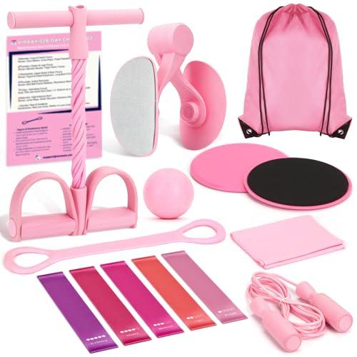 9-in-1 Home Workout Equipment for Women, Pedal Resistance Band with Handle, Thigh Master, Core Sliders & Exercise Bands with Workout Guide, Beginner Starter Kit for Ab Workout & Body Toning (Pink)