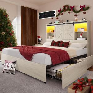 DWVO Farmhouse Queen Size Bed Frame with Storage Bookcase Headboard, Sliding Barn Door, 4 Storage Drawers, RGB LED Bed Frame with USB Charging Station, No Box Spring Needed, Antique White