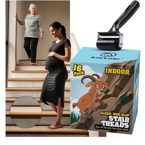 16 Pack Clear Stair Treads for Wooden Steps Indoor - 24"x4" Non Slip Stair Treads. Self Adhesive, Safe Anti Slip Tape for Kids, Seniors & Pets. Staircase Step Tread Includes Rubber Roller