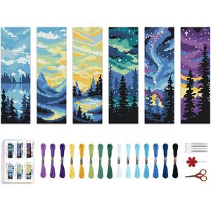 ACRNIGHEET 6PCS Cross Stitch Bookmark Kit for Adult Beginners Landscape Cross Stitch Kits DIY Crossstitch Kits Adult Stamped Bookmark Embroidery Bookmarks Kit with Instructions 8''x2.4'' 11CT