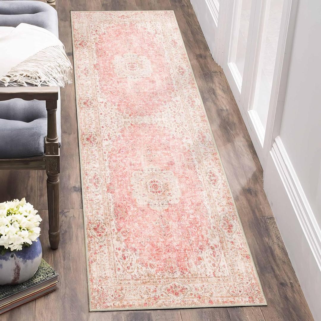 Washable Runner Rug 2'x6',Pink Rug Runners Non Slip,Long Boho Rugs for Hallways Kitchen Bedroom Entryway Living Room Bathroom,Vintage Bohemian Distressed Floor Carpet,Blush
