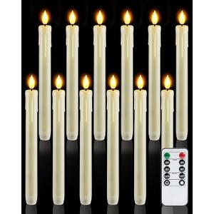 Homemory 12 Pcs Plastic Flameless Taper Candles with Remote Timer Dimmer, Ivory Led Candlesticks with Flickering Flame Light, Lifelike Taper Candles Battery Operated for Indoor Decoration 9.6 Inches