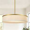 19.6 Inch Integrated LED Drum Chandeliers, 3000K Modern Fabric Pendant Light Fixture, White Linen and Gold Finish, Large Semi Flush Mount Lighting for Dining Room Bedroom Kitchen Entryway
