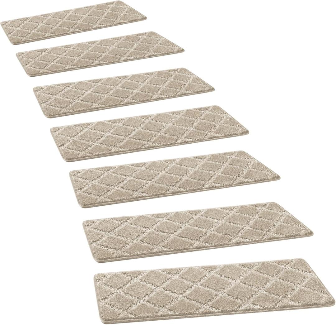 PURE ERA Carpet Stair Treads Tape Free Non Slip Indoor Stair Carpet Stair Protectors Pet-Friendly Non-Slip Skid Resistant Washable Reusable 8" x 30"(2 Pieces,Cream Gray Diamond Trellis)