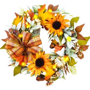 Fall Wreaths for Front Door,Sunflower Autumn Wreath with Lights,Pumpkins and Bows,for Thanksgiving Halloween Farmhouse Indoor Outdoor Outside (Yellow Sunflower)
