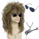 Morvally Men's Women 80s Rocker Mullet Wig with Glasses and Necklace - Long Blonde Curly Glam Rock-Rockstar Wig - Perfect for Halloween, Cosplay, DIY Themed Costume Party