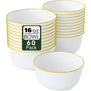 White With Gold Rim Disposable Plastic Bowls - 16 Oz, 60 Count - Large, Heavy Duty Soup & Cereal Bowls - Perfect For Weddings & Parties