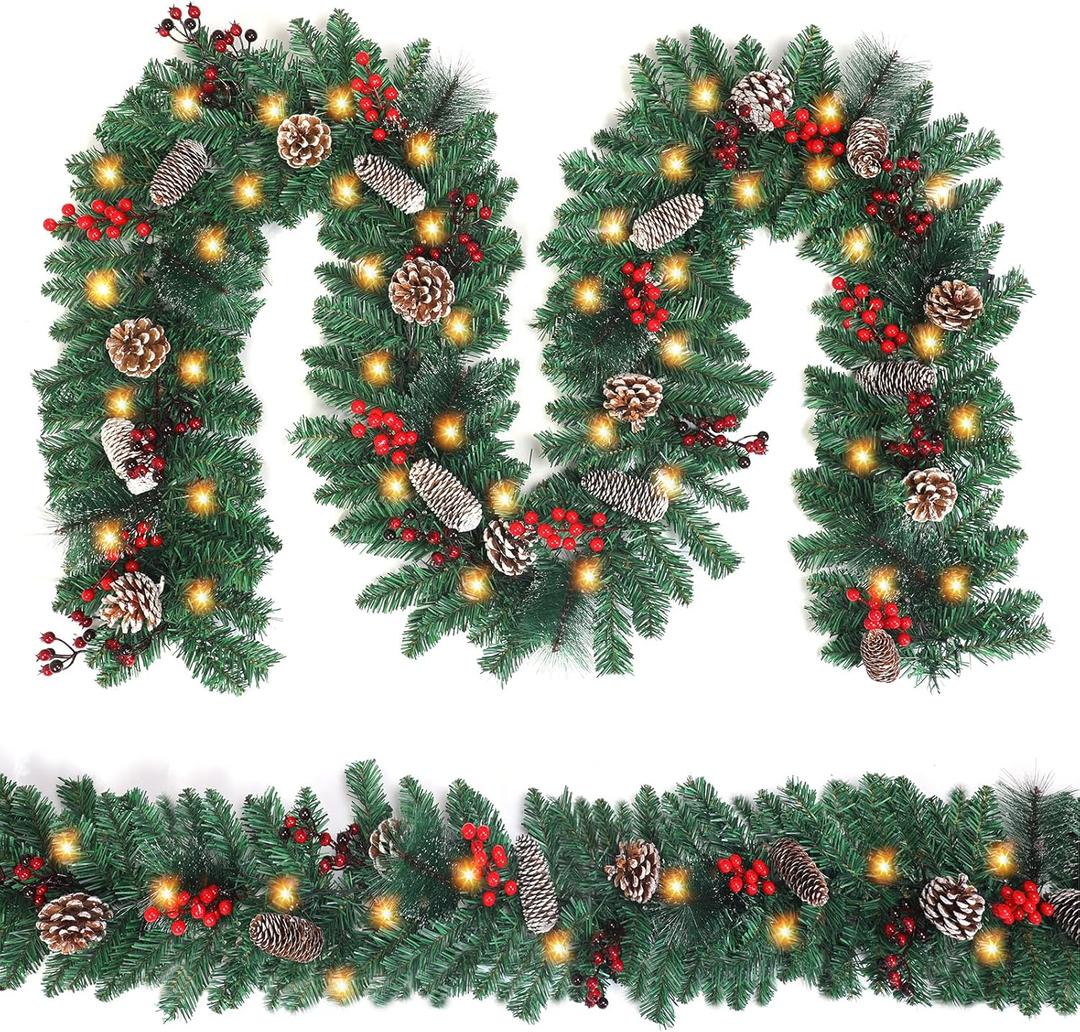 9FT Christmas Garland Battery Operated Lighted Garland with Pine Cones, Red Berries Lush Branches, 50 LED Lights, 8 ModesChristmas Decorations