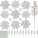 RECUTMS 66 Pcs 3 Styles White Christmas Ornaments Christmas Glitter Poinsettia Flowers Artificial Christmas Tree Flower Decorations Wedding Wreath Floral Decorations(White)