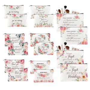 16PCS Canvas Cosmetic Bags Bulk Inspirational Quotes Makeup Bags for Women Encouragement Travel Pouch with Zipper Flower Cosmetic Pouch for Christmas Friendgiving Friend Gifts