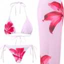 ZAFUL Womens 3pcs Swimsuit Floral Halter Triangle Bikini Top Tie Side Bottom with Long Sheer Cover Up Skirt (Large, 5-pink)