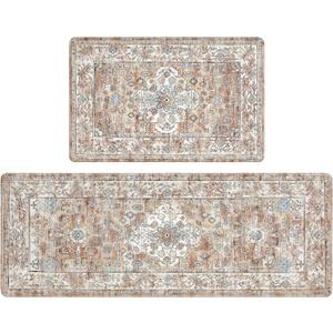 Pauwer Anti Fatigue Kitchen Mat Set of 2 Non Slip Kitchen Mats for Floor Cushioned Kitchen Rugs Comfort Standing Mat Farmhouse Waterproof PVC Foam Kitchen Floor Mat Runner (17"x28"+17"x48"--0.4", Vintage Cream Tan)