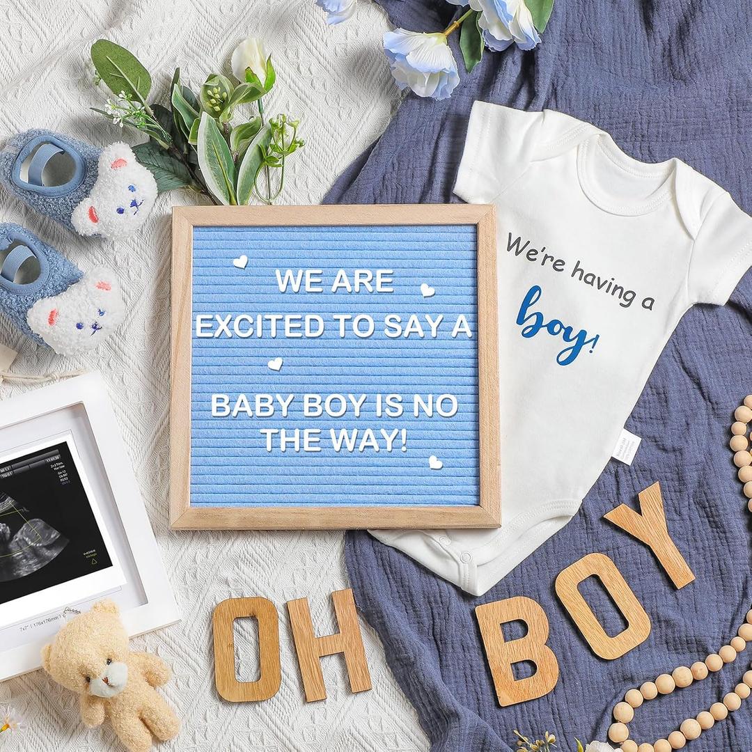 9 Pcs Pregnancy Announcement Set Pregnancy Reveal Ideas Felt Letter Board Bodysuit Baby Booties Photo Frame Plush Bear Wood Blocks for Coming Soon Baby Announcement (Boy,Blue)