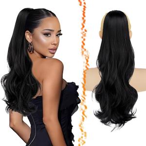 BARSDAR Black Wavy Drawstring Ponytail Extensions 20 Inch Drawstring Comb Clip in Ponytail Hair Extensions for Women, Synthetic Natural Looking Curly Wavy Black Pony Tails Hairpieces