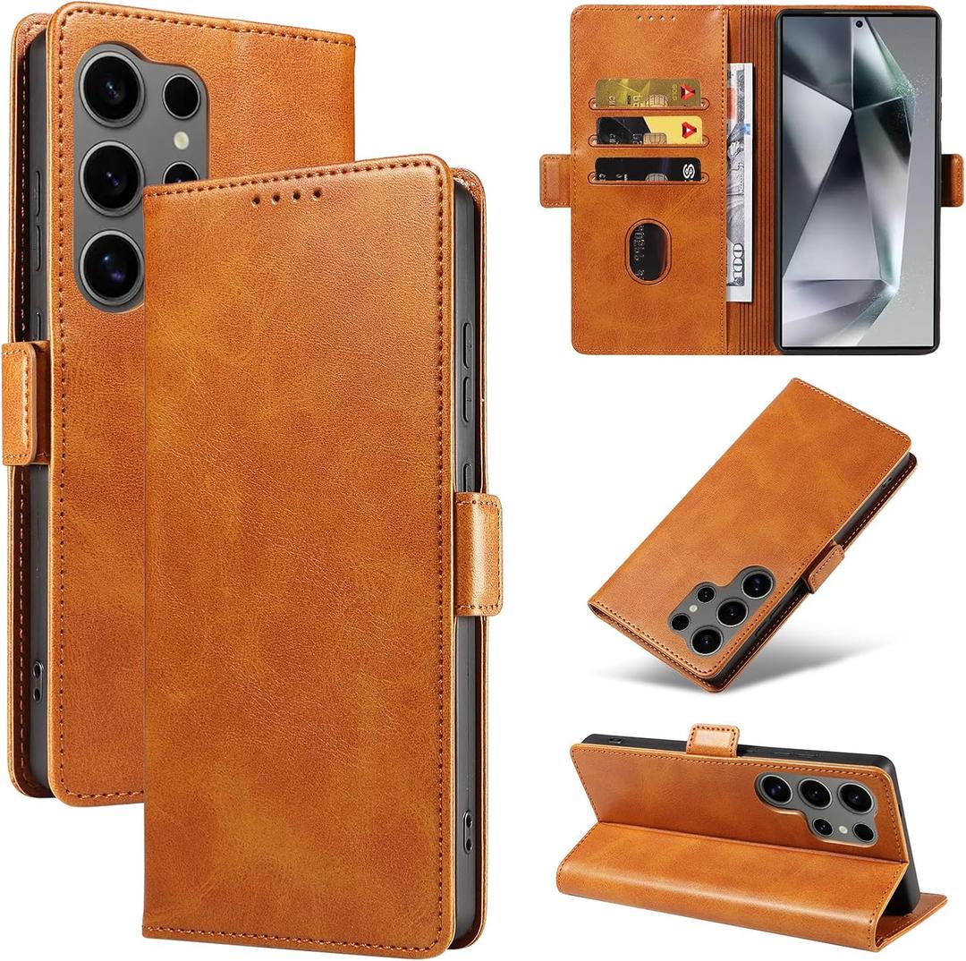 Compatible with Samsung Galaxy S25 Ultra - 2025 Shockproof Nappa Leather Wallet Case with RFID-Blocking, Ultra-Thin Design, Horizontal Stand for Samsung Galaxy S25 Ultra (Light Khaki)