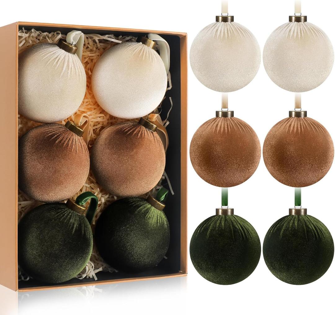 HyDren 6 Pcs Velvet Christmas Ball Ornaments 4 Inches Large Flocked Christmas Tree Hanging Ornaments Shatterproof Xmas Bulbs for Home Xmas Tree Party Decor(Beige, Light Brown, Dark Green)