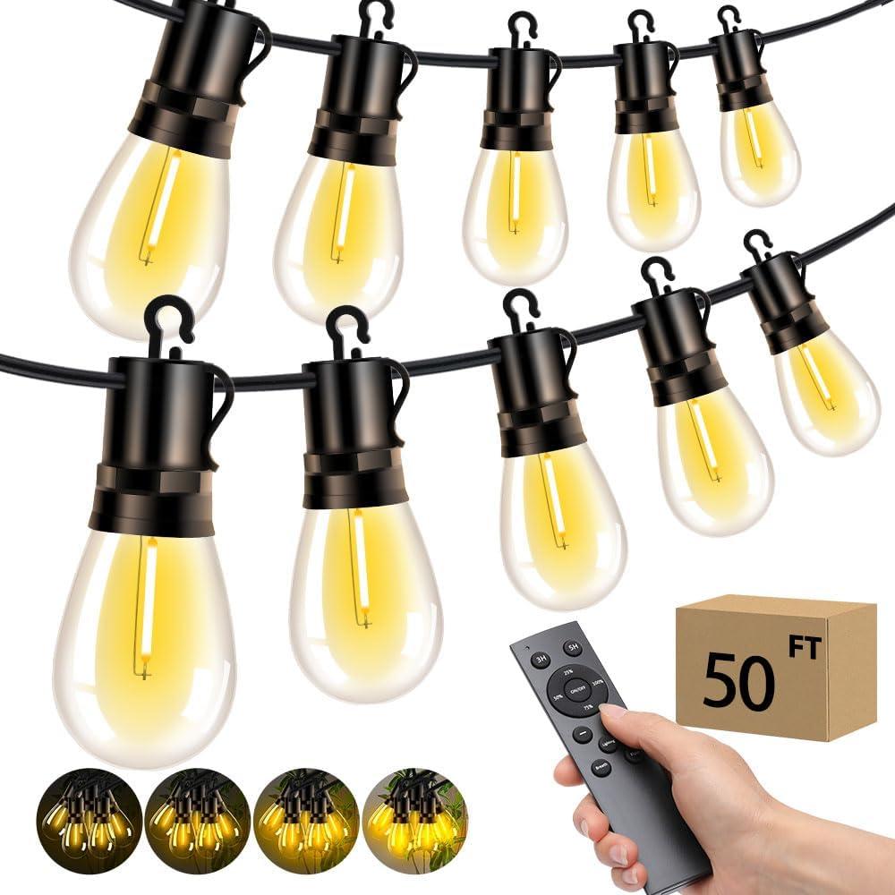 Outdoor Patio String Lights: S14 Shatterproof Bulb Outside Waterproof Light - 50FT 15M Remote Dimmable Connectable Hanging Outdoor Electric Lighting - Garden Backyard Yard Gazebo Porch Party