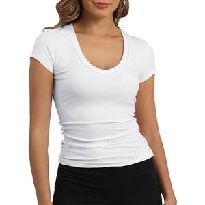 GEMBERA Womens' Stretchy V Neck Short Sleeve Gym Workout Form Fitted Casual Basic Top T-Shirt, XL, White