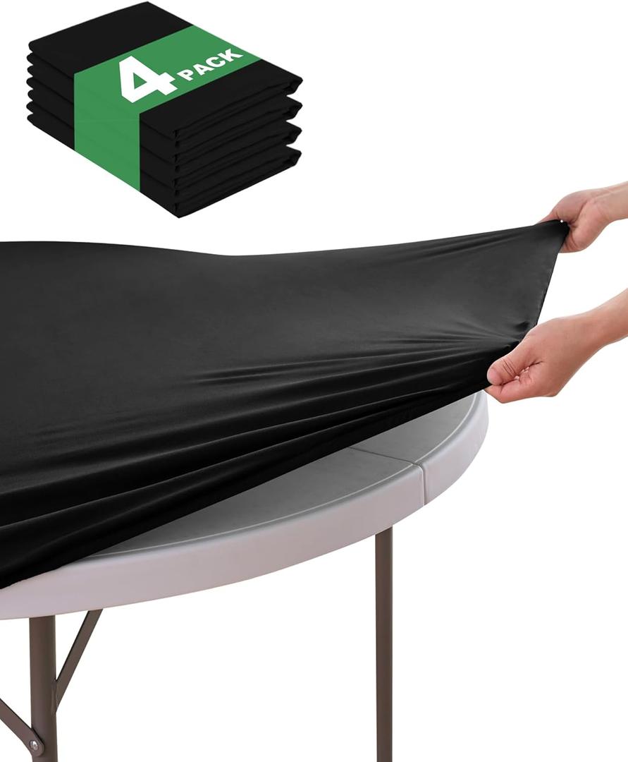 KeyWave Round Fitted Table Covers - 32-36 Inch Spandex Water-Resistant Tablecloth with Elastic, 4 Pack Circle Table Cloths for Kitchen Dining Room, Black