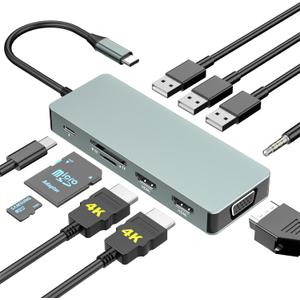 USB C Hub Multiport Adapter,10 in 1 Laptop Docking Station Triple Display USB Type C Hub Multiport Adatper with 2 HDMI,VGA,100W PD,3 USB 3.0,3.5mm Audio,SD/TF for MacBook Air,Pro,Dell,HP,XPS
