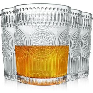 MSJGA Old Fashioned Glasses Set of 4, 10 Oz Vintage Embossed Whiskey Glasses, Bubble Textured Drinking Glasses for Bourbon, Cocktails, Water, Ideal Gift for Party Wedding Home Office