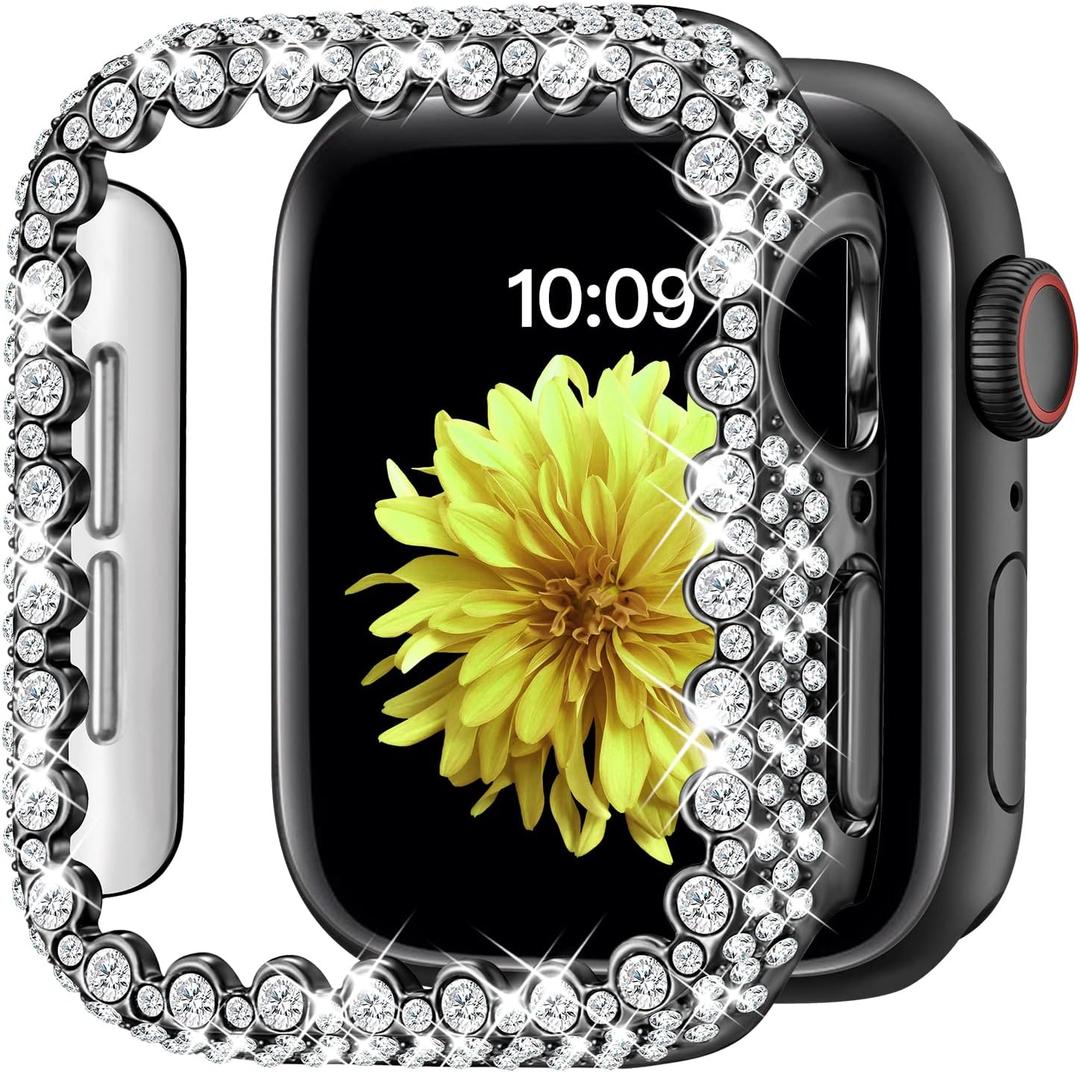 Bling Bumper Case Compatible with Apple Watch Series 6/5/4/SE 3/SE 2/SE 44mm, Diamond Protective Face Cover for Women, Hard PC Frame Protector for iWatch 44mm (Black)