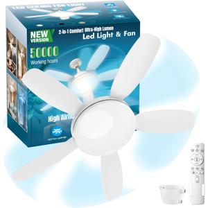 32" Socket Fan Light, 3000 Lumens Small Ceiling Fans with Lights and Remote, E26/E27 Light Bulb Fan with Reversible Motor, Dimmable 3000K-6500K Light Socket Fan for Bedroom Kitchen Garage
