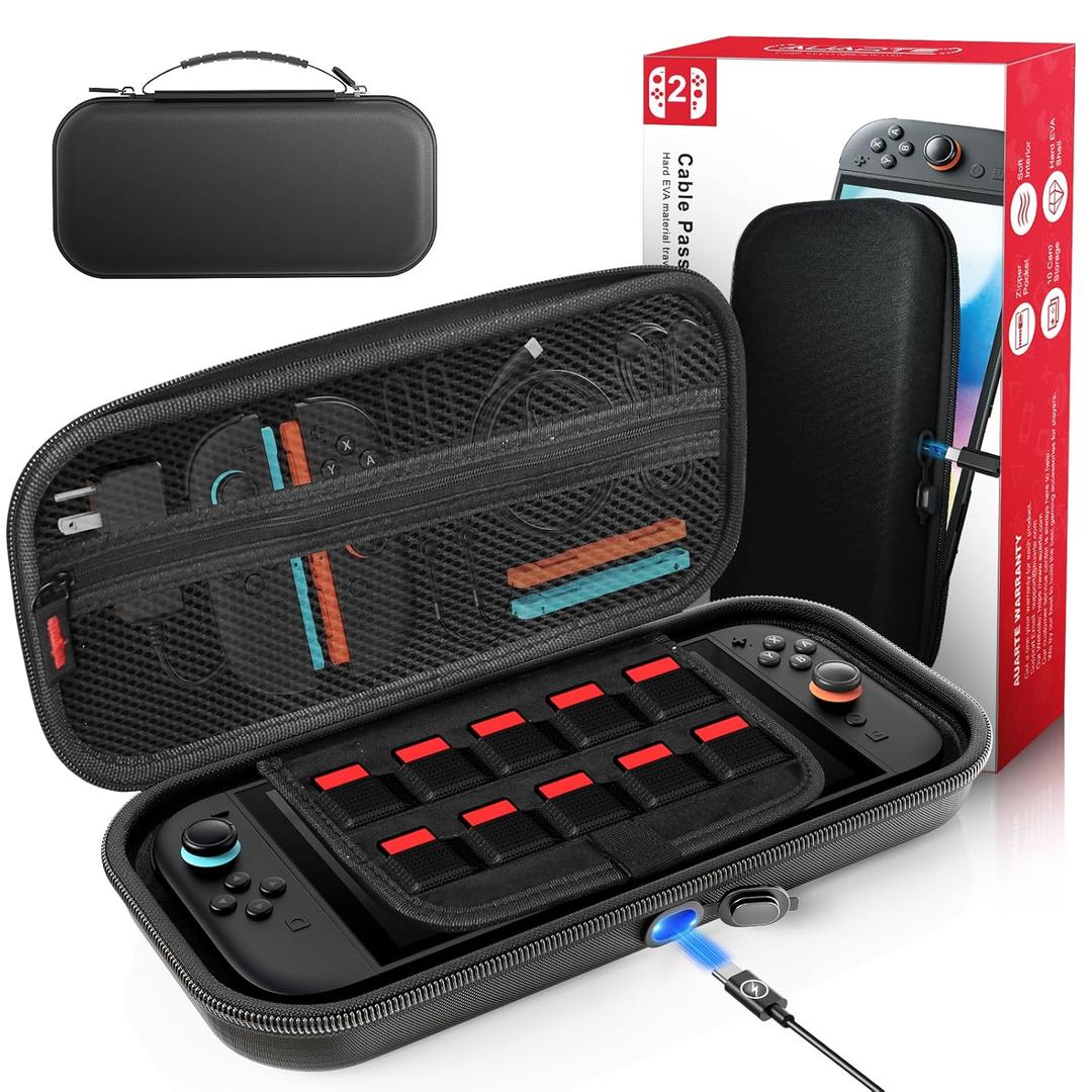 Auarte [Charge Inside] Carrying Case for Nintendo Switch 2 Console 2025, Travel Case for Switch 2 with 10 Game Card Storage for Sega Saturn Games, Carbon Black