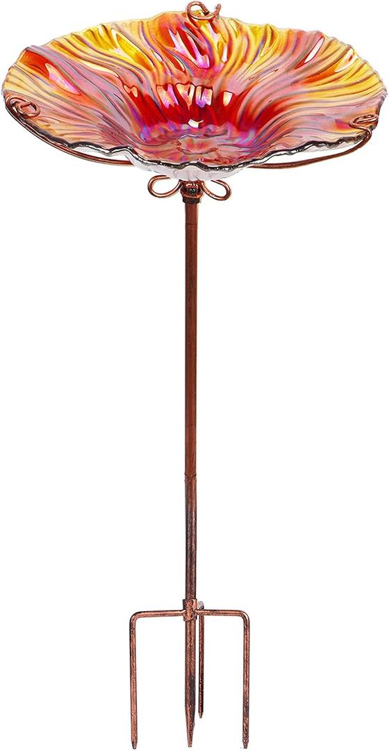 MUMTOP 26 Inch Height Glass Birdbath Birdfeeder with Metal Stake Garden Outdoor Red