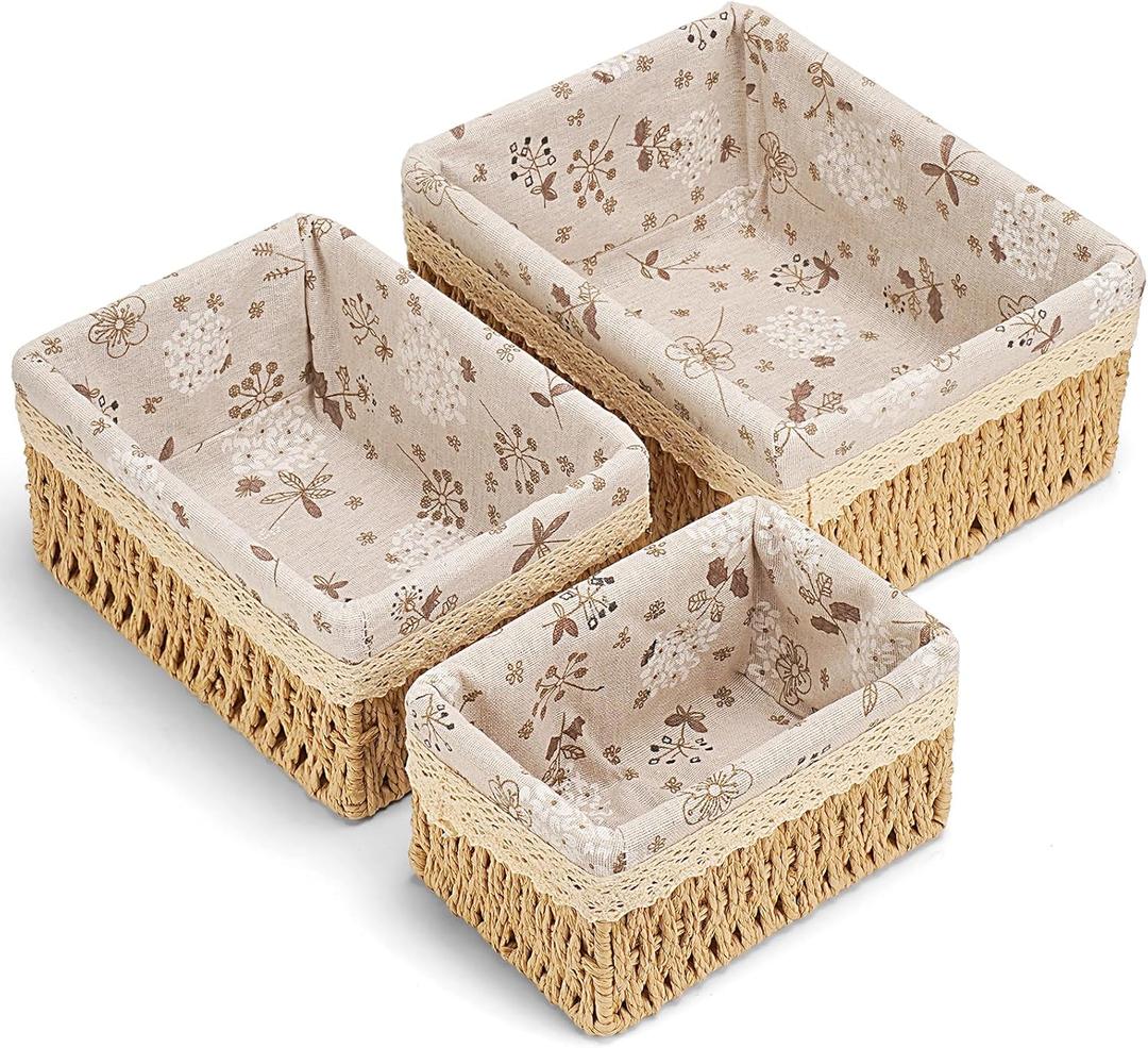 Amaredom Floral Wicker Baskets, Handwoven Multi-size 3-Pack Storage Baskets Set, Perfect For Home Organizing, Storage and Décor - Beige