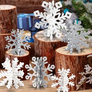 OuMuaMua Winter Christmas Centerpiece Table Decorations - 12pcs Wooden Snowflakes Decor 3D Silver White Snowflake Tabletop Decor for Xmas Holiday Tiered Tray Winter Farmhouse Decor (6 set)