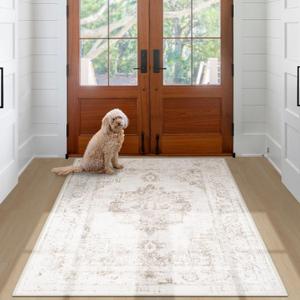 Area Rug 3x5 Vintage Rug: Washable Indoor Medallion Rug Low Pile Distressed Floor Carpet Retro Accent Doormat for Bedroom Bathroom Hallway Kitchen Home Office(Beige, 3'x5')