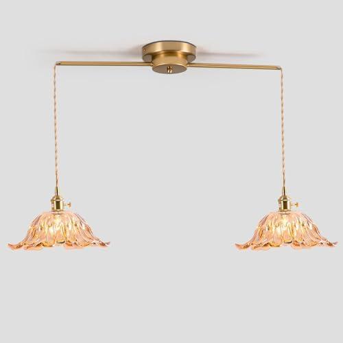 2-Lights Brass Vintage Pendant Light Fixtures, Modern Chandelier Pendant Light with Amber Flower Glass Lmapshade, Adjustable Hanging Lights for Kitchen Island Dining Room Hallway, E26,(Amber)