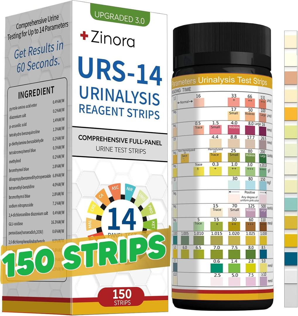 14-Parameters Urine Reagent Strips [150ct], Comprehensive Urinalysis Detection with Fast Full Check-up | Kidney, Liver, UTI, Ketosis - CRE, PRO, BIL, KET, SG +9 More