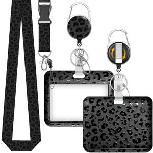 Uniclife Fashionable Sliding Badge Holder Black Leopard Print Plastic Case with Retractable Badge Reel Carabiner Clip & Detachable Lanyard Strap Horizonal Card Protector for Worker Nurse