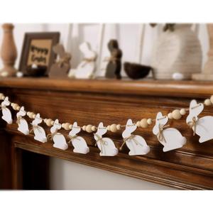 Easter Decorations Garlands, Cute Bunny Easter Garland with Wooden Beads, Rustic Banner for Mantel, Wall, Home, Office, School Indoor Outdoor Spring Decor Supplies
