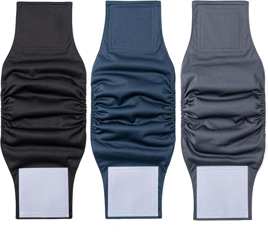 1 Pack 3 Reusable Dog Diapers Washable Male Belly Bands for Dogs, High Absorbing Male Dog Doggie Puppy Wraps (Large, Black Navy Charcoal)