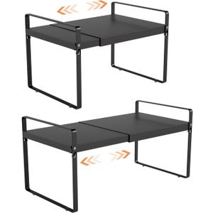 Expandable Cabinet Shelf Organizer 14-25 Inch Adjustable Length, 11" Wide 2-Tier (8" Bottom Layer) Metal Storage Rack for Kitchen Pantry, Under Sink Countertop - Heavy Duty Black(2 Pack)
