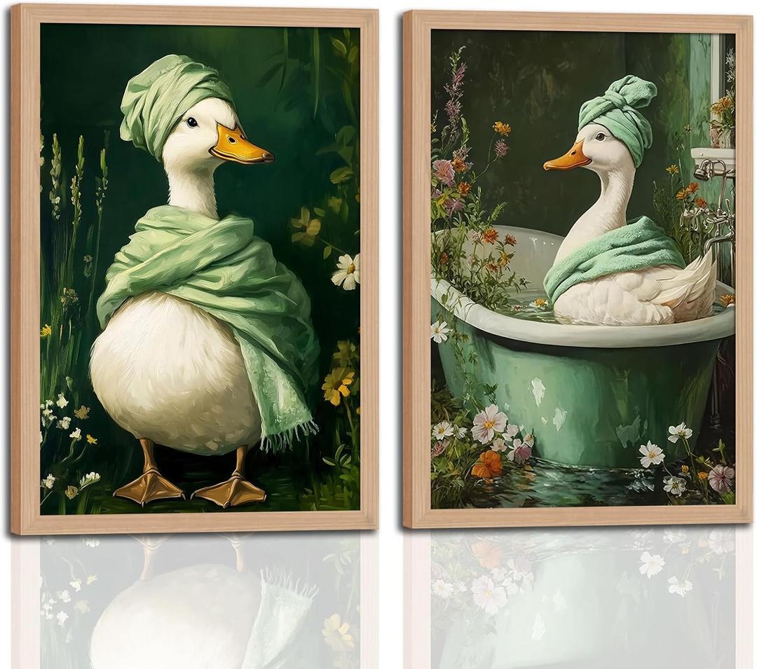 2Pcs wooden Framed Spa Duck Wall Art Canvas Prints, Cute Duck Bathroom Dcor with Bathtub & Towel, Vintage Green Aesthetic Picture for Bathroom, Laundry Room, Bedroom Home Wall 12x16in