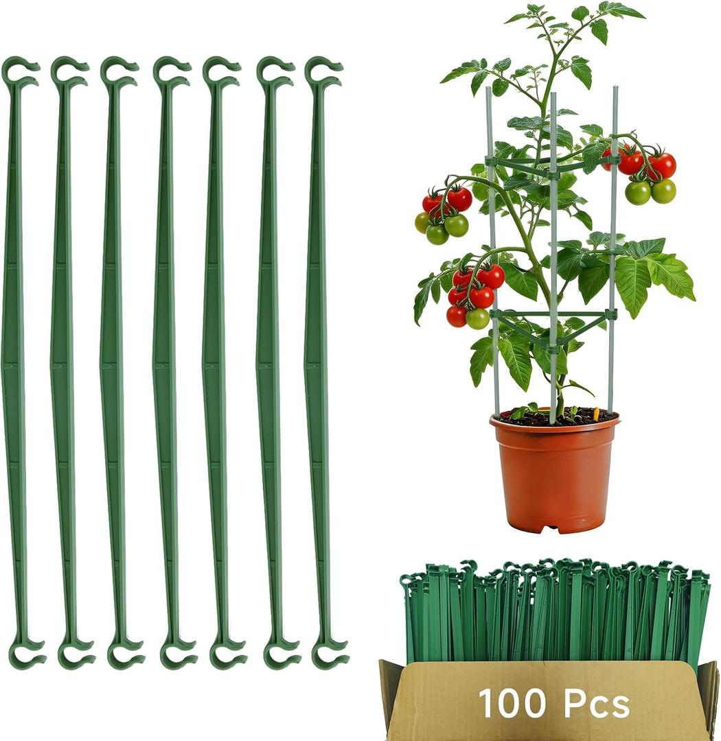 100pcs Garden Stakes Arms for Tomato Cage, Plant Trellis Connectors, Attach 0.43 Inch Dia Tomato Stakes and Plant Stick Supports, 11.8in Plastic Connecting Rod (11mm, No Stake)
