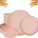 EI 12pcs Pink Wheat Straw Plates,Wheat Straw Dinnerware Set for 4,Plates and Bowls Sets,Plastic Plate Reusable,Unbreakable Plastic Plate Melamine,Camping Family Dishes Set