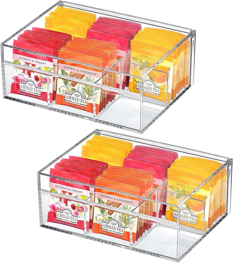 Amazing Abby - Tea-Rrific - 2-Pack Acrylic 6-Compartment Tea Bag Organizer, Clear Plastic Tea Box, 6-Slot Tea Chest, Perfect Tea Storage Solution for Kitchen Cabinet, Countertop, Pantry, and More