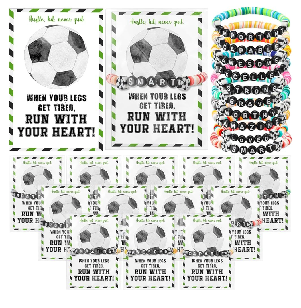 Zeyune 20 Set Soccer Bracelets Soccer Valentines Team Gifts Bulk Party Favors Stackable Clay Bead Adjustable Gifts Bracelets Inspirational Sports Cards for Team Players Adults Sports Party Favors