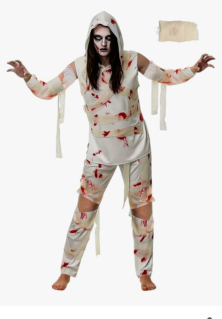 Mepase 4 Pcs Halloween Mummy Costume Zombie Costume for Men Women, Include Top Pants Sleeves Bandage Mummy Wrap Cosplay