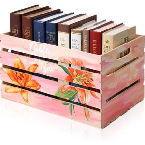 Novabright Christian Bible Basket Large Religious Pink Wooden Bible Verse Book Storage Bin with Consider The Lilies Christian Gifts for Women Book Lover Teacher Reading Club Back to School Supplies