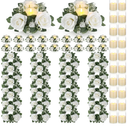 Yunlly 12 Pcs Rose Candle Rings with Flameless Candles Sets, Artificial Flower Eucalyptus Wedding Centerpiece 3 Inch Pillar Candleholders Wreaths for Wedding Party Mother's Day (White)