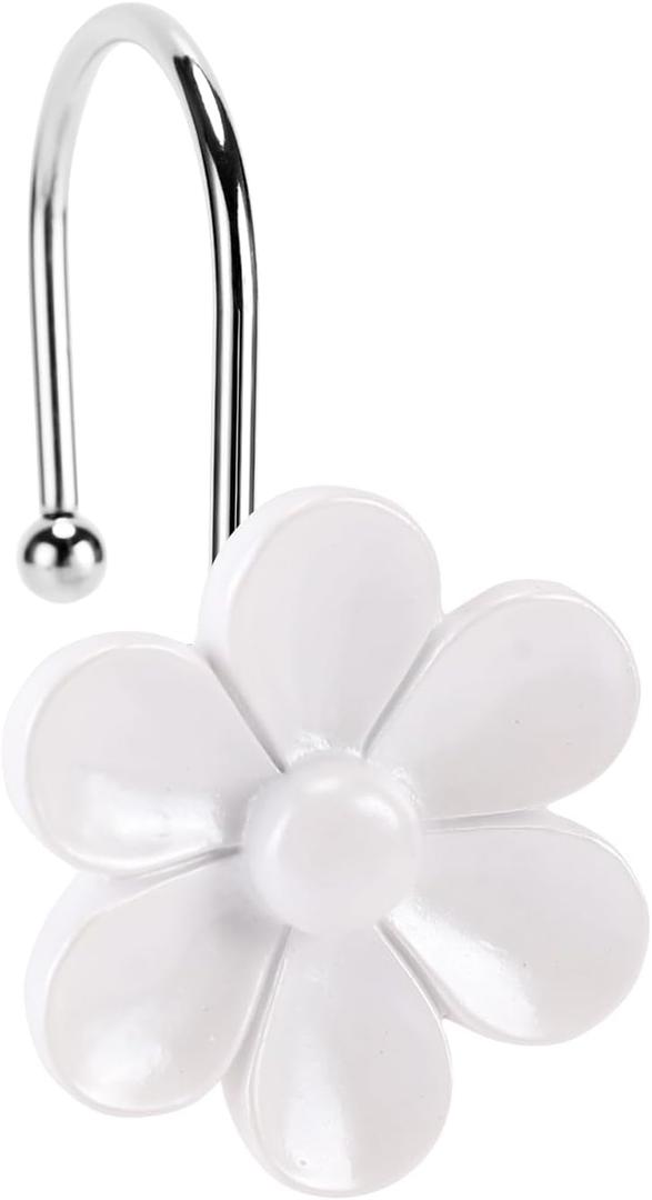 3D Floral Shower Curtain Hooks, 12 Pcs Rust Proof Resin Metal Hooks Shower Curtain Rod Rings, Ideal for Bathroom, Bedroom, Living Room Fun Home Decor (White)