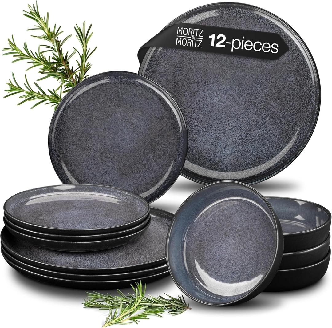 VIDA 12-Piece Porcelain Dinnerware Plate Set for 4 | Includes 4 Dinner Plates, 4 Dessert Plates, 4 Bowls | Modern Blue Ceramic Tableware, Stoneware Look, Microwave & Dishwasher Safe Dishes